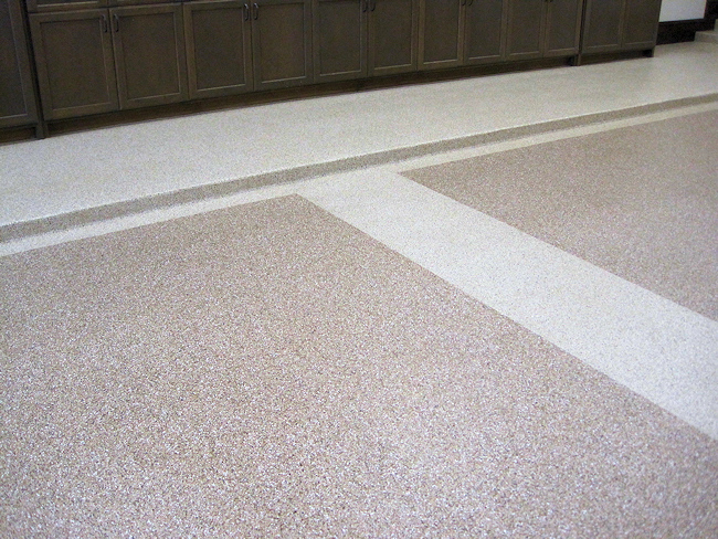 ColorFlake epoxy floor coating on a garage floor, shown in Dual-Tone color process, from Surface Systems of texas